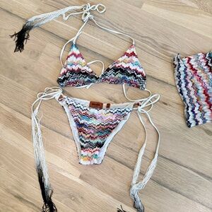 Missoni Multicolor Zigzag Knit Bikini with Tassles